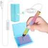A hand holds an electric diamond painting pen kit with a suction tool and a square painting surface.