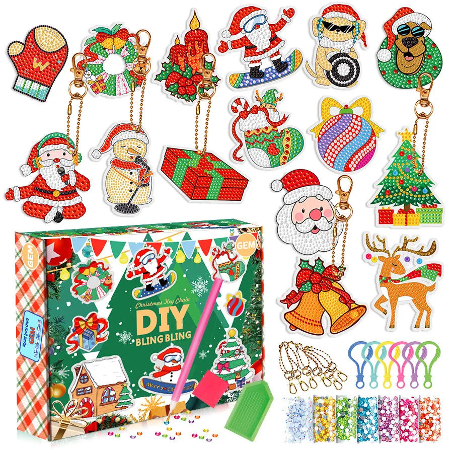 A box of 5D diamond painting sticker kits featuring Christmas and animal themes with various colored glitter and gems.