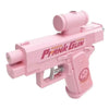 A pink plastic prank gun toy with a barrel and grip is shown against a white background.