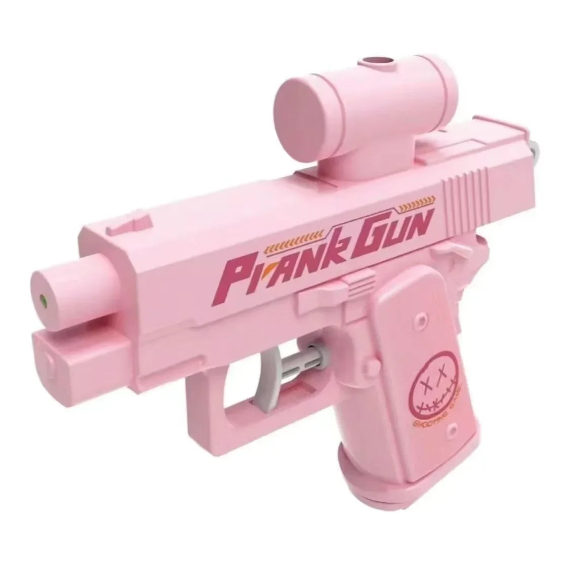 A pink plastic prank gun toy with a barrel and grip is shown against a white background.
