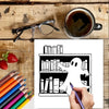 A black and white line drawing of a ghost figure emerging from bookshelves for an adult coloring book.