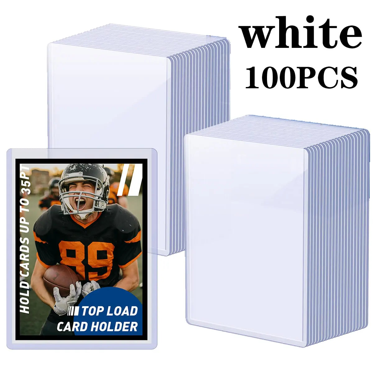 White trading card holders for sports cards and collectibles, shown in a box and individual view.