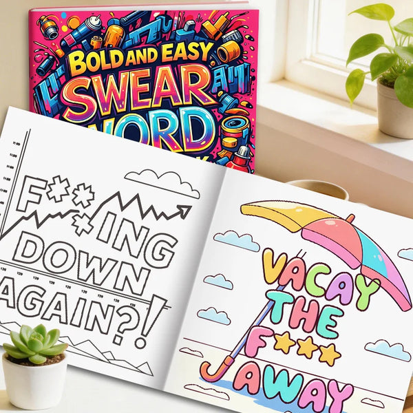 En åben voksen malebog med sider, der viser tekst som Bold and Easy Swear Word og Vacay The Way