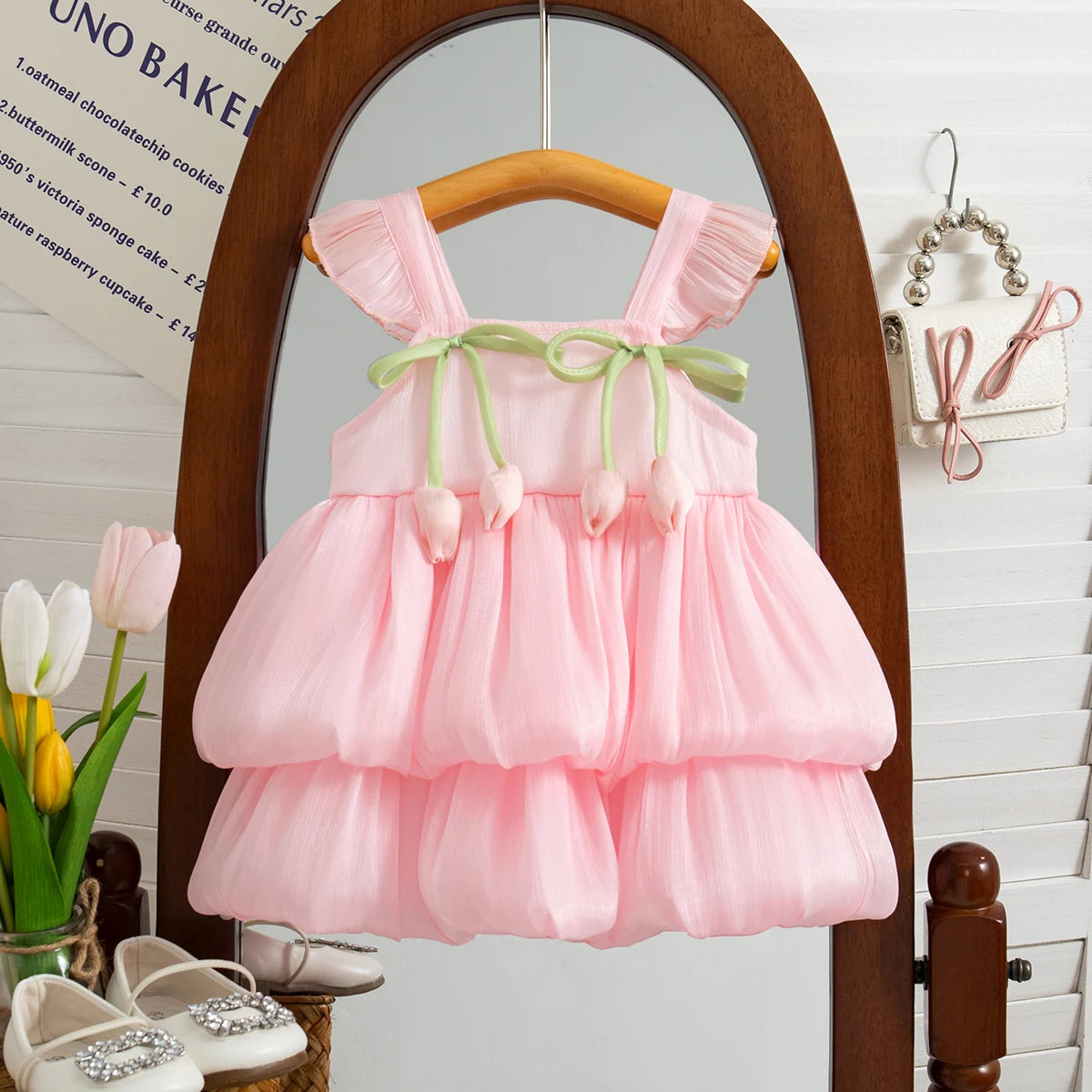 A pink tulle dress for a baby girl with ruffled sleeves and a green ribbon detail displayed on a wooden hanger.
