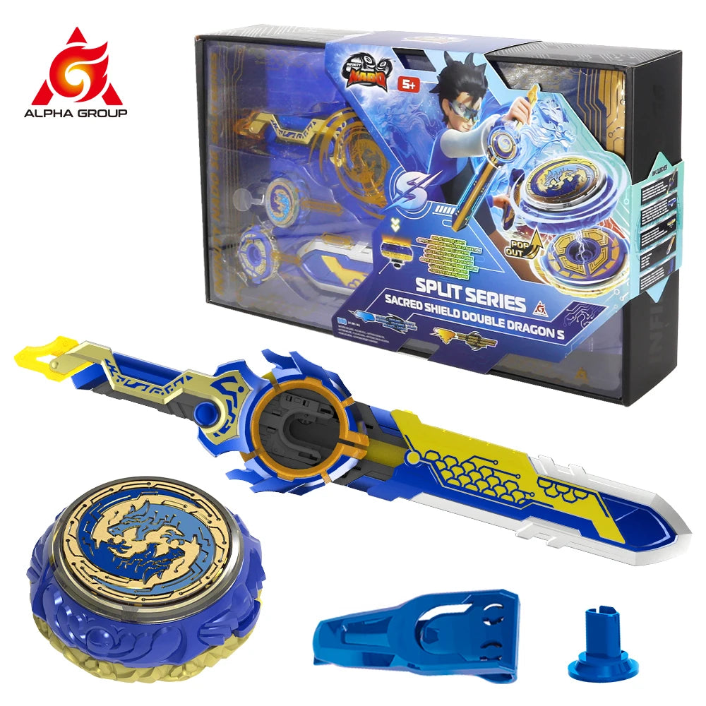 A metal spinning top sword launcher toy set including a box and components.