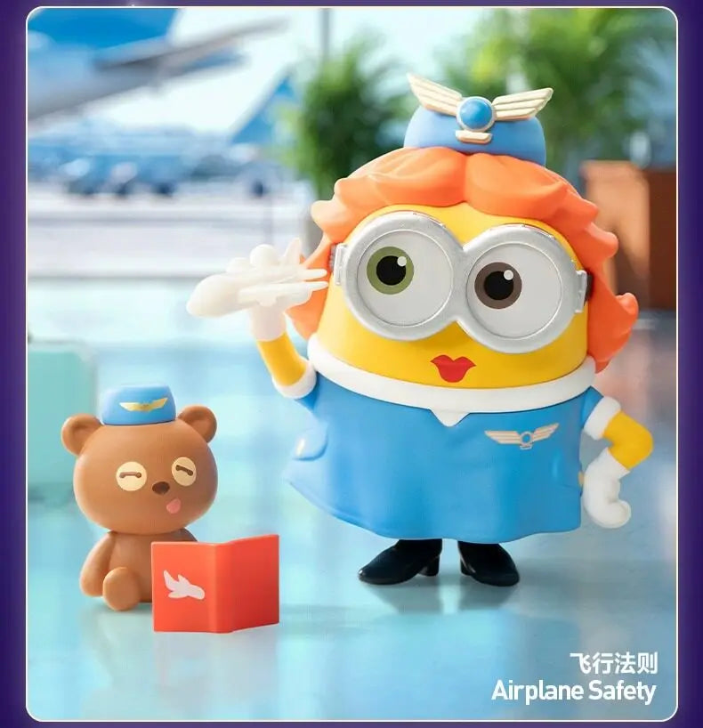 A POP MART Minions collectible figure with orange hair and goggles wearing a blue outfit standing next to a small brown bear 