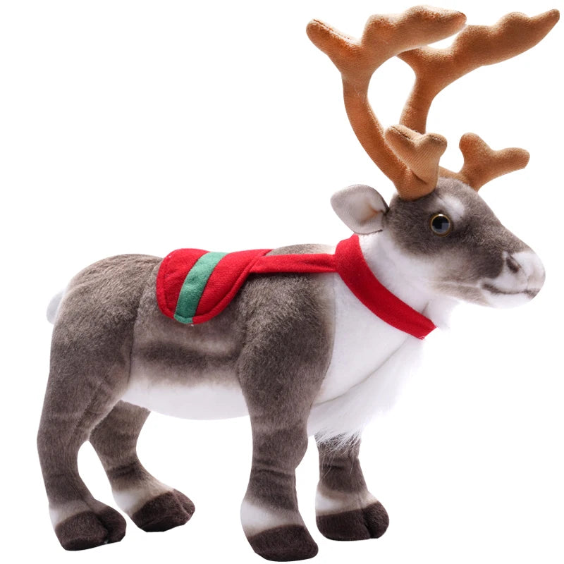 A soft plush reindeer stuffed animal with gray fur, white face, and reddish-brown antlers, wearing a red collar.