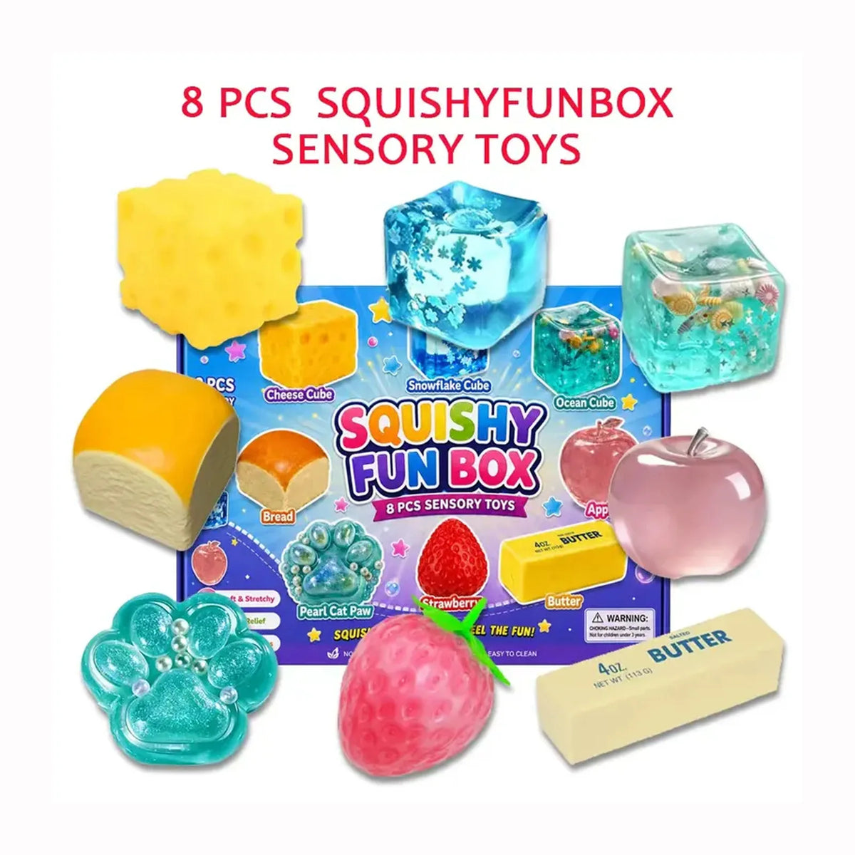 An assortment of 8 pcs squishy fun box sensory toys including cheese cube, snowflake cube, ocean cube, and fruit cubes.