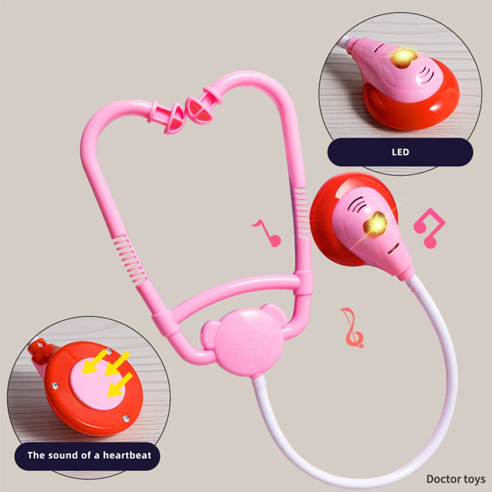A pink kids doctor play set featuring a stethoscope and a heart sound light on the earpiece.