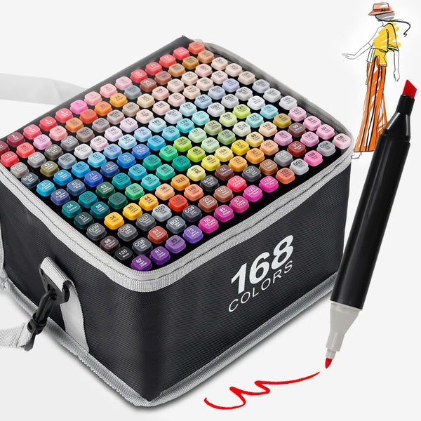 A portable case of 168 art sketch markers arranged in a grid, next to a black dual-tip marker and a drawing hand.