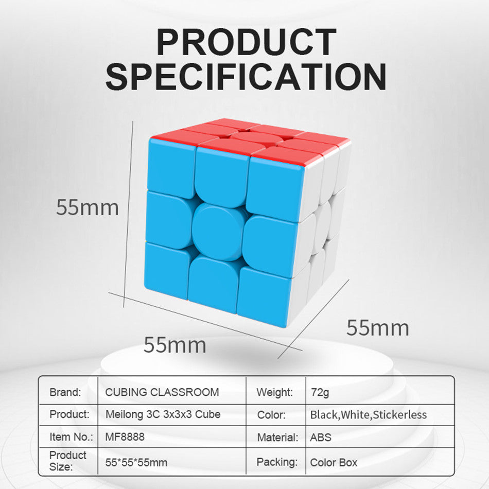 A blue and red cubing classroom puzzle cube with a 3x3 configuration shown on a white base.