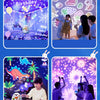 A collection of images showing a dinosaur egg rotating star projection night light and people interacting with it.