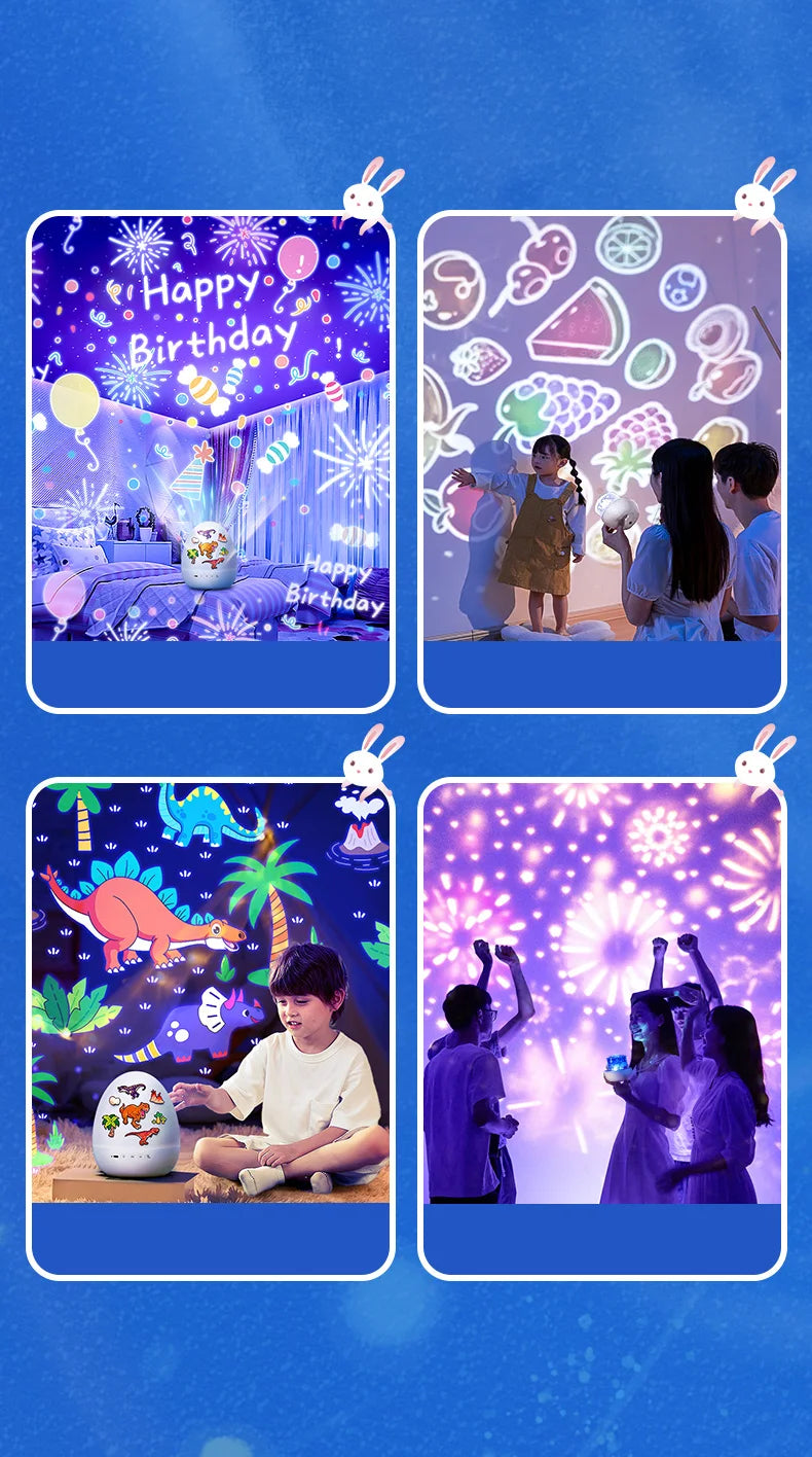 A collection of images showing a dinosaur egg rotating star projection night light with remote used for birthday celebrations