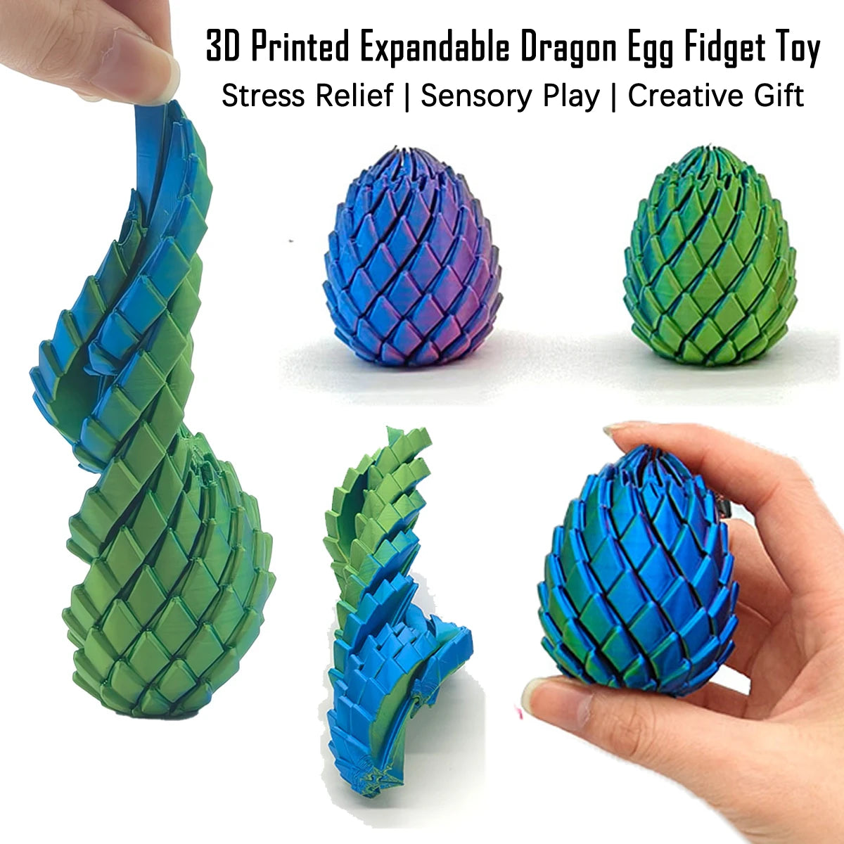 A hand holds a 3D printed expandable dragon egg fidget toy in various colors and shapes.