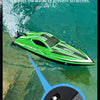 A green high-speed brushless RC racing boat is shown partially submerged in water, with a close-up view of the water displace