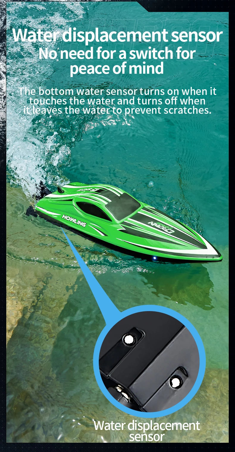 A green high-speed brushless RC racing boat is shown partially submerged in water, with a close-up view of the water displace