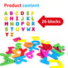 A collection of colorful wooden alphabet blocks including letters A through Z.