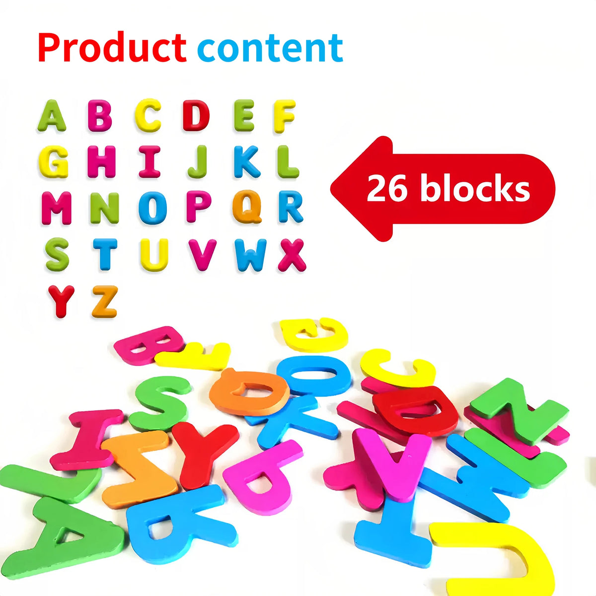 A collection of colorful wooden alphabet blocks including letters A through Z.