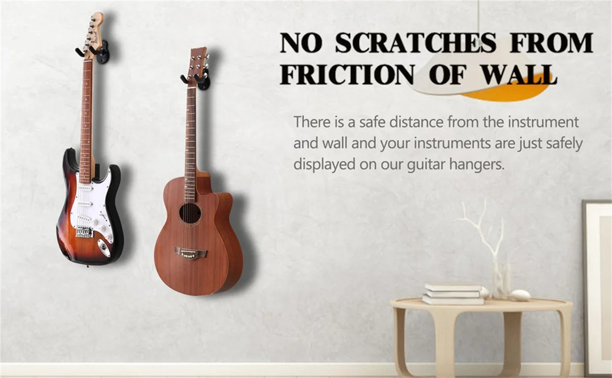 Two acoustic guitars are safely displayed on wall hangers, emphasizing protection from friction.