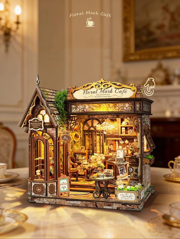 DIY Wooden Flower Shop Café Dollhouse Miniature Kit with LED Lighting
