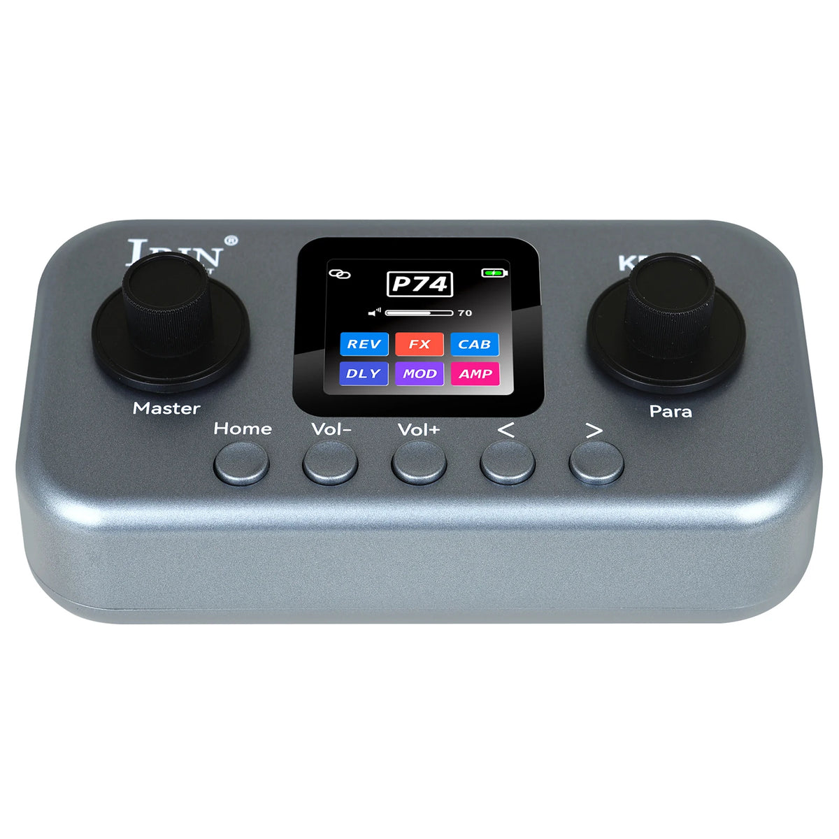 A silver portable multi-effects processor with various controls including Master, Home, Vol+, Vol-, Rev, FX, Cab, Mod, Amp, a