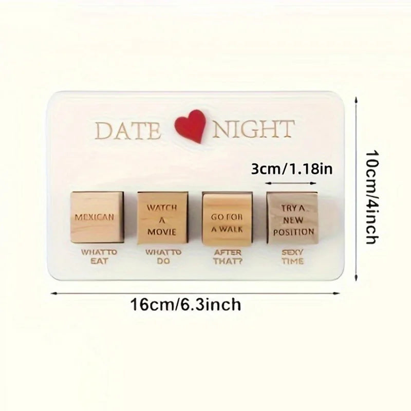 A rectangular plastic card with wooden dice labeled for a date night game featuring Mexican, watch a movie, go for a walk, an
