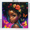 A vibrant diamond painting features a portrait of an African woman with intricate floral and butterfly elements.