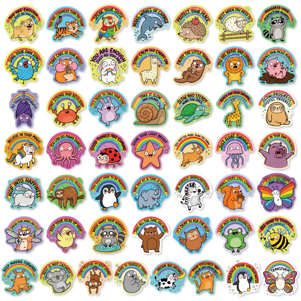 A collection of 50 colorful animal positive quote stickers featuring various animals and encouraging phrases.