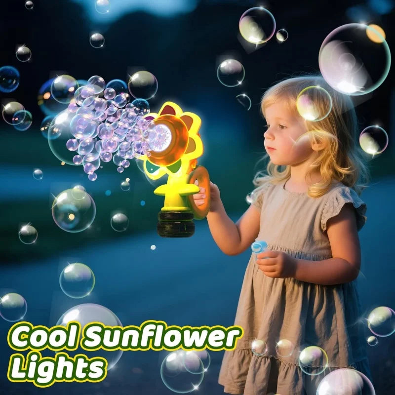 A young girl holds a sunflower bubble blaster with LED lights, creating glowing bubbles in the air.