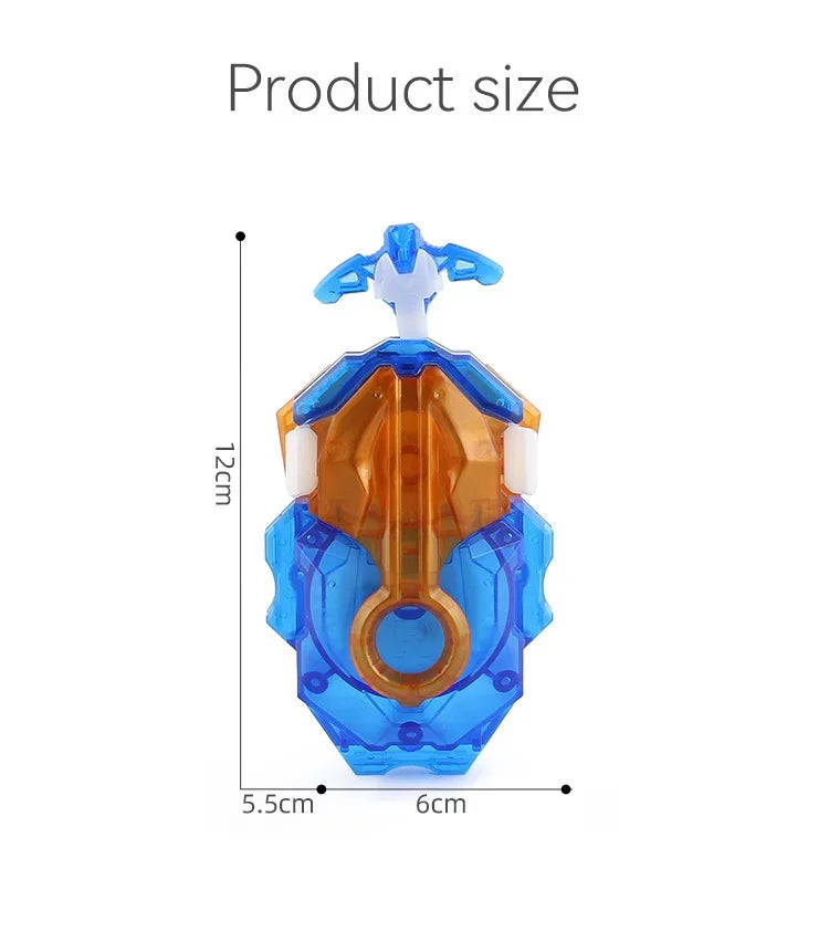 A blue and orange burst-style spinning top launcher for kids, shown with dimensions.