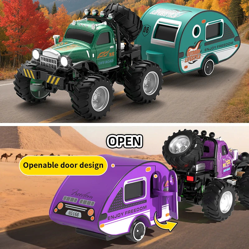 A green RC off-road truck with a green trailer is shown in an outdoor setting.