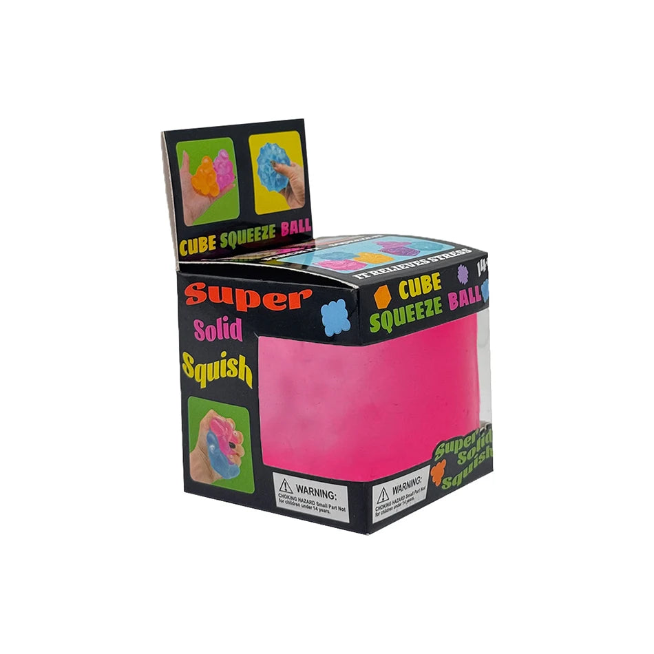 A box of Super Solid Squish Cube squeezable ball toys with colorful cube balls inside.