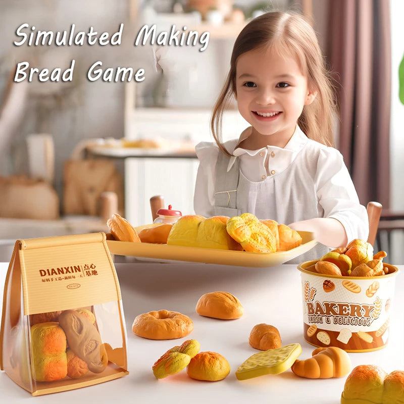 A young girl smiles while playing with a simulated making bread game set featuring various baked goods.