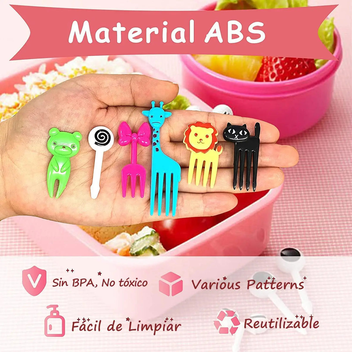 A hand holds a set of kawaii mini fruit forks featuring various animal shapes in bright colors.