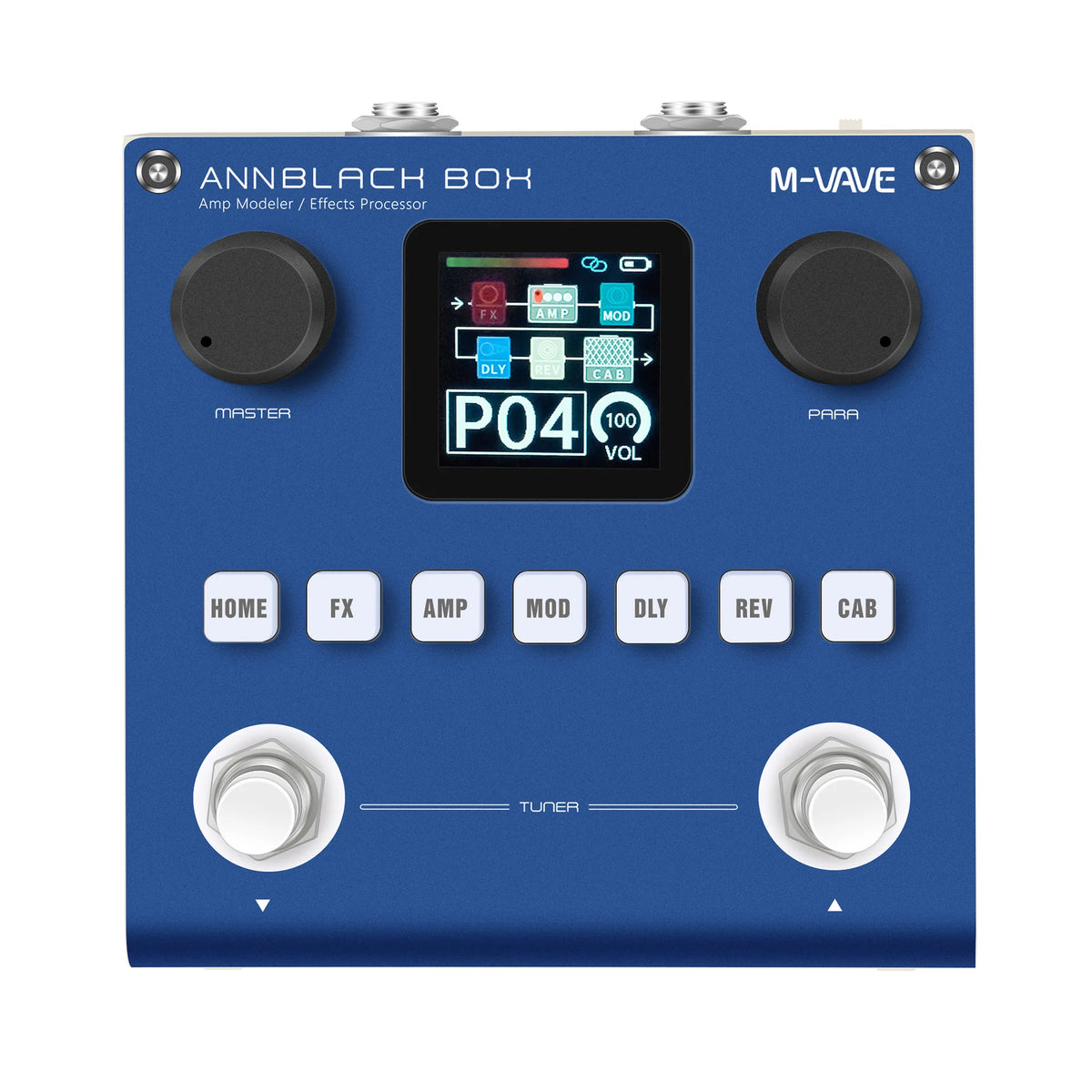 A blue multi-effects pedal labeled ANNBLACK BOX with controls for amp modeling and effects.