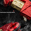 Close-up view of a red metal gun-shaped fidget slider showing the bottomless rotating wheel and tail sprocket rotor ring comp