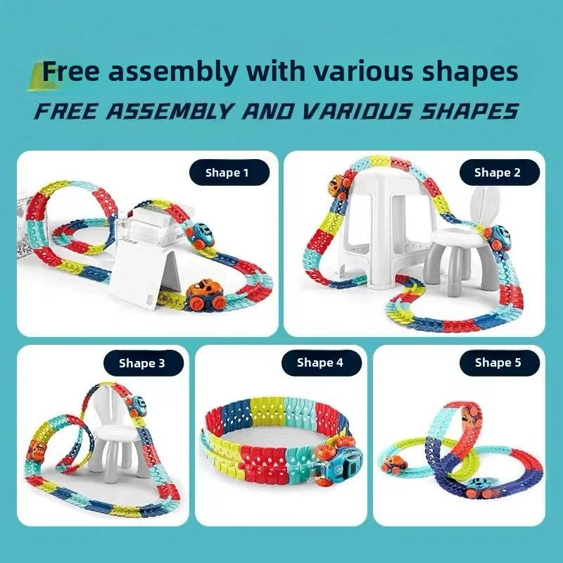 Five different shapes of a flexible anti-gravity race car track set with LED cars