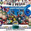 Hero-themed birthday party decoration set featuring a backdrop, balloons, and cake toppers.