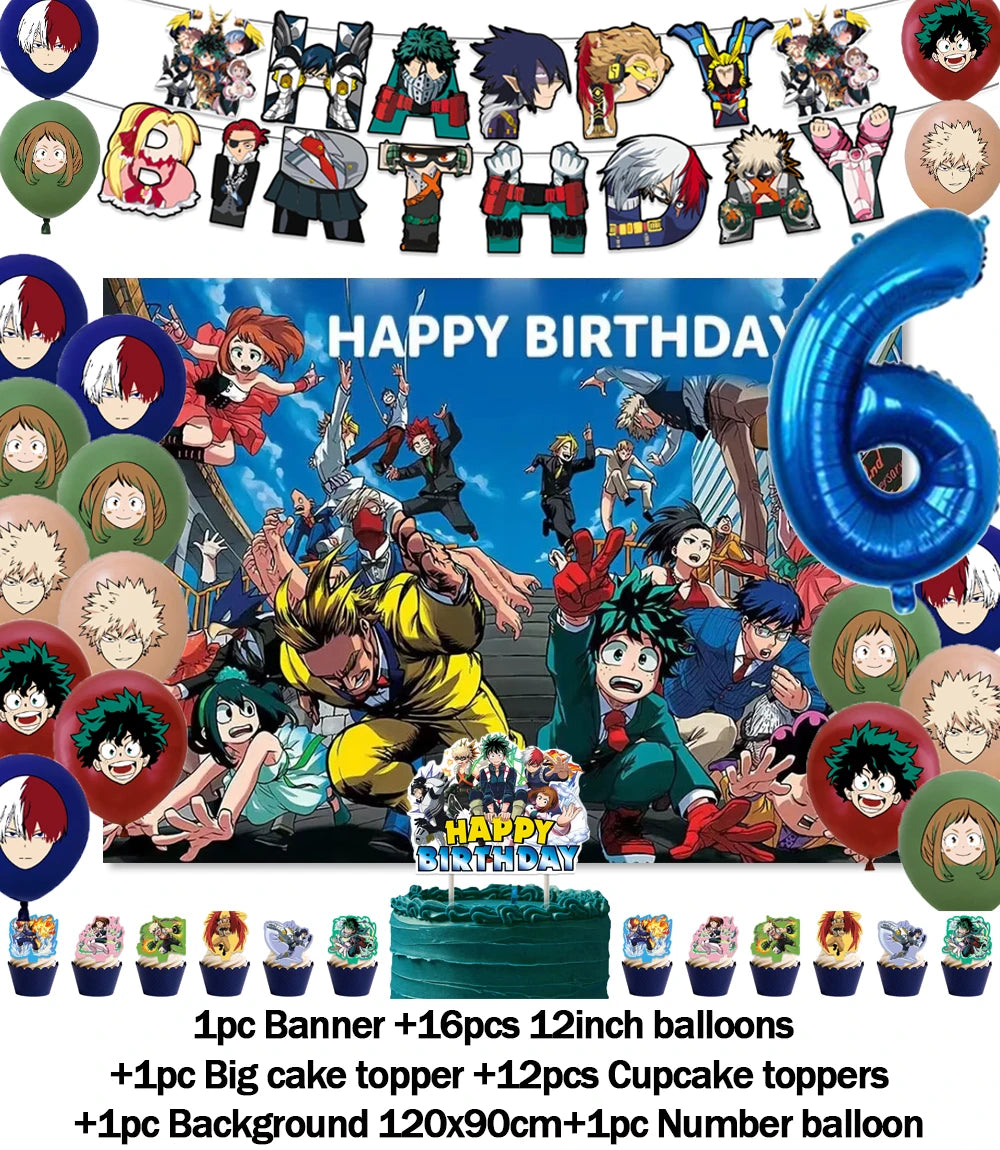 Hero-themed birthday party decoration set featuring a backdrop, balloons, and cake toppers.