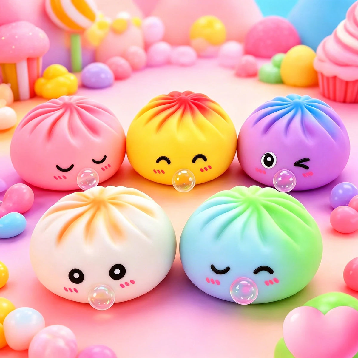 A collection of pink and yellow bubble-spitting dumpling squishy stress relief toys arranged on a pink surface.
