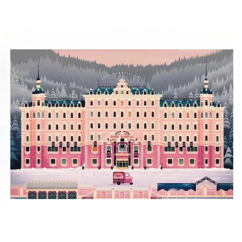 A jigsaw puzzle depicting the exterior of a large pink hotel building in a snowy, mountainous landscape.