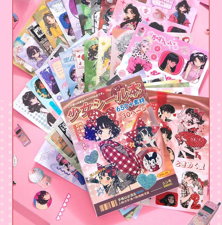 A collection of Kawaii Showa Diary die-cut sticker books and related products in various colors and designs.