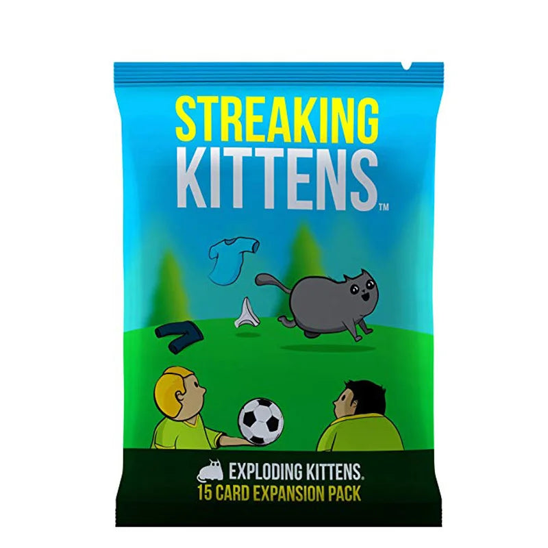 Bag of Streaking Kittens card game expansion pack featuring illustrations of cats and a soccer ball.