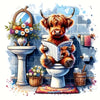 A painting kit featuring a Highland cattle cross stitch design, including a head and body, displayed next to a porcelain toil