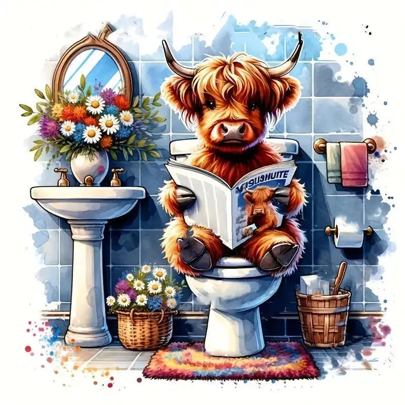 A painting kit featuring a Highland cattle cross stitch design, including a head and body, displayed next to a porcelain toil