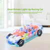 A transparent gear-driven light-up racing car with colorful interlocking gears on a white floor.