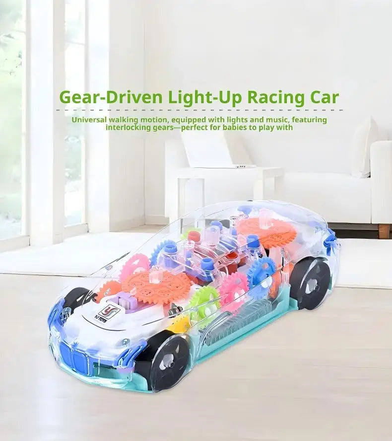A transparent gear-driven light-up racing car with colorful interlocking gears on a white floor.