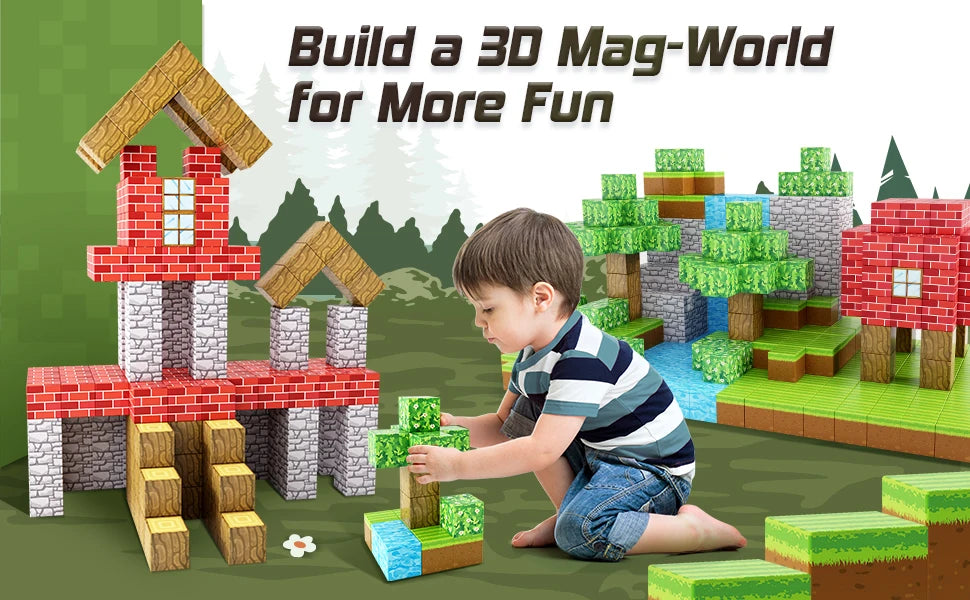 A young boy is building a 3D Mag-World structure using magnetic building tiles on a green surface.