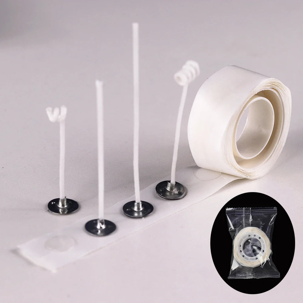 A roll of pre-waxed cotton candle wicks with metal sustainers shown alongside individual wicks.