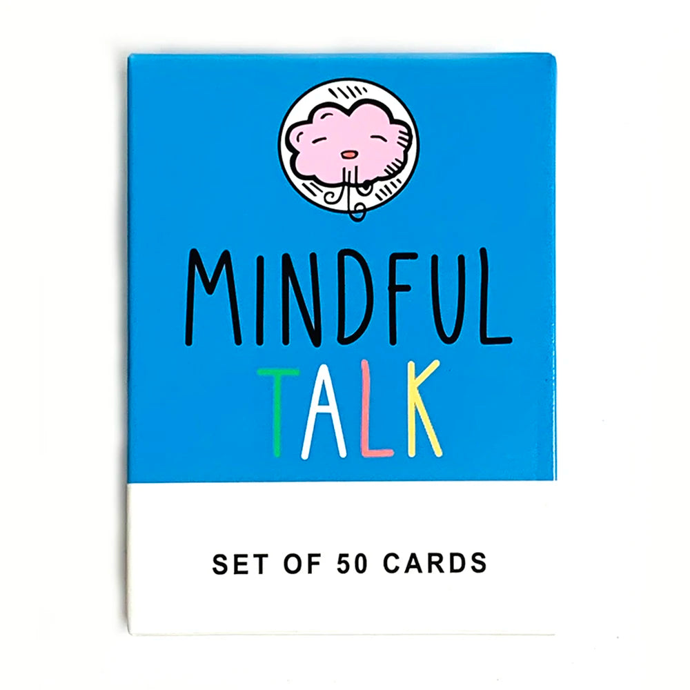 Tarjeta azul con dibujo de una cara sonriente de nube y texto MINDFUL TALK SET DE 50 CARTAS